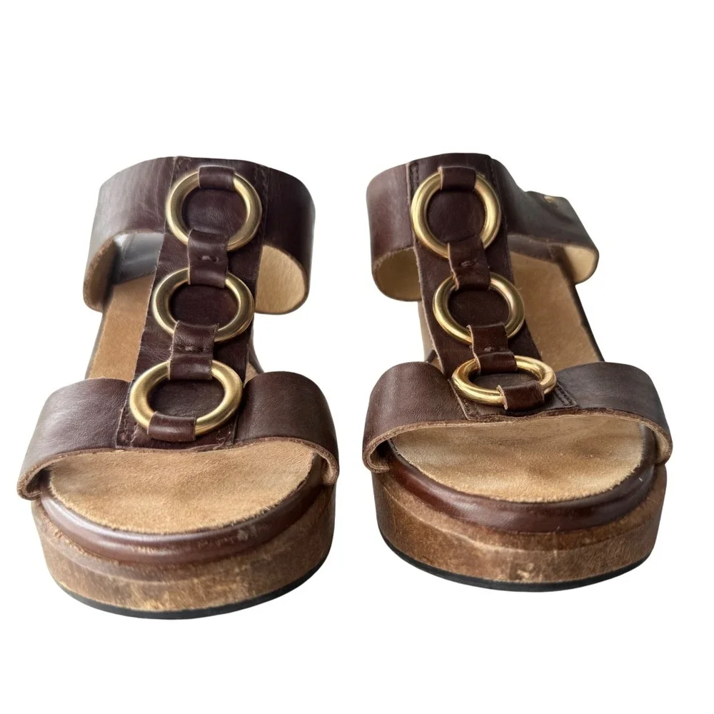 Y2K VTG Michael Kors Brown Leather Wood Wedge Platform Sandals Gold Rings 7.5M